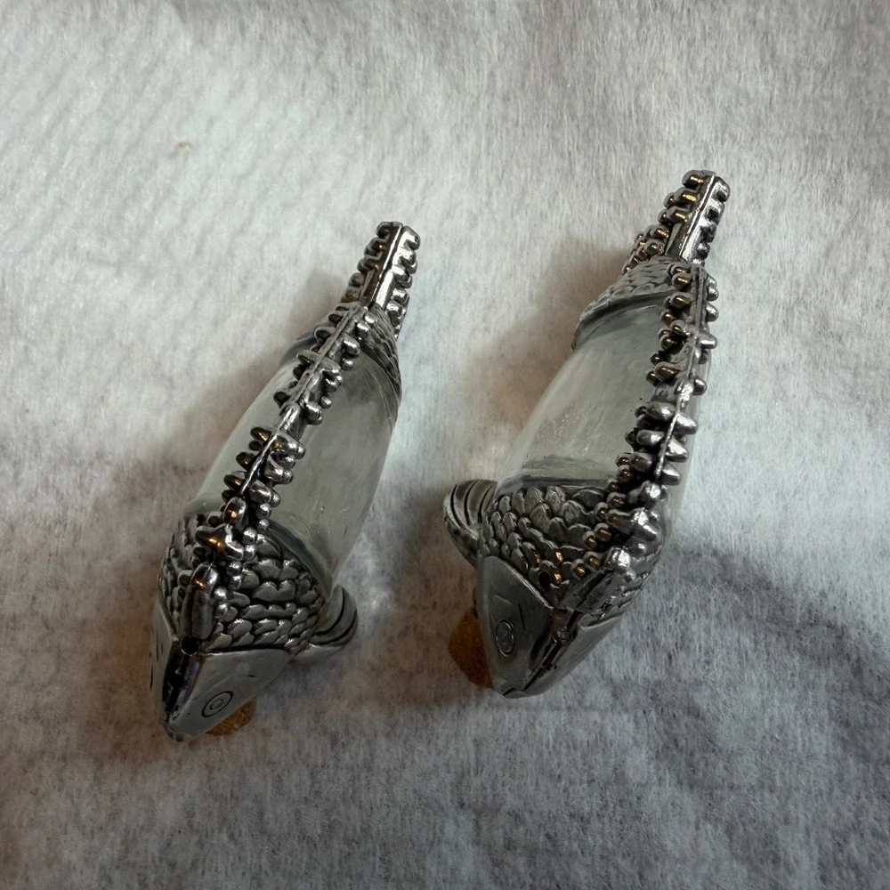 Vintage Silver Tone Metal and Glass Fish Salt and Pepper Shaker Set with Corks